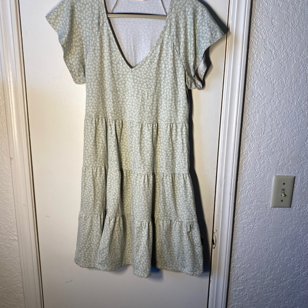 Altar'd State Sage Green Floral Tiered Babydoll Mini Dress V-Neck Flutter Sleeve
